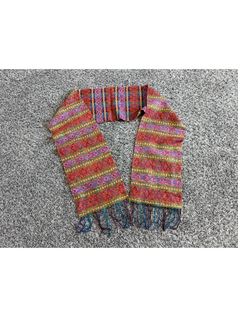 Victoire Mathieu Wool Blend Multicolor Geo Textured Fringe Scarf Made in France